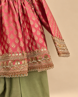 Girls Pink Banarasi Top with Sage Green Chanderi Silk Salwar Set