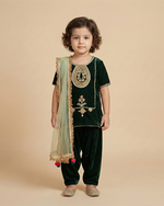 Load image into Gallery viewer, Girl wearing emerald green velvet kurta salwar set with dupatta
