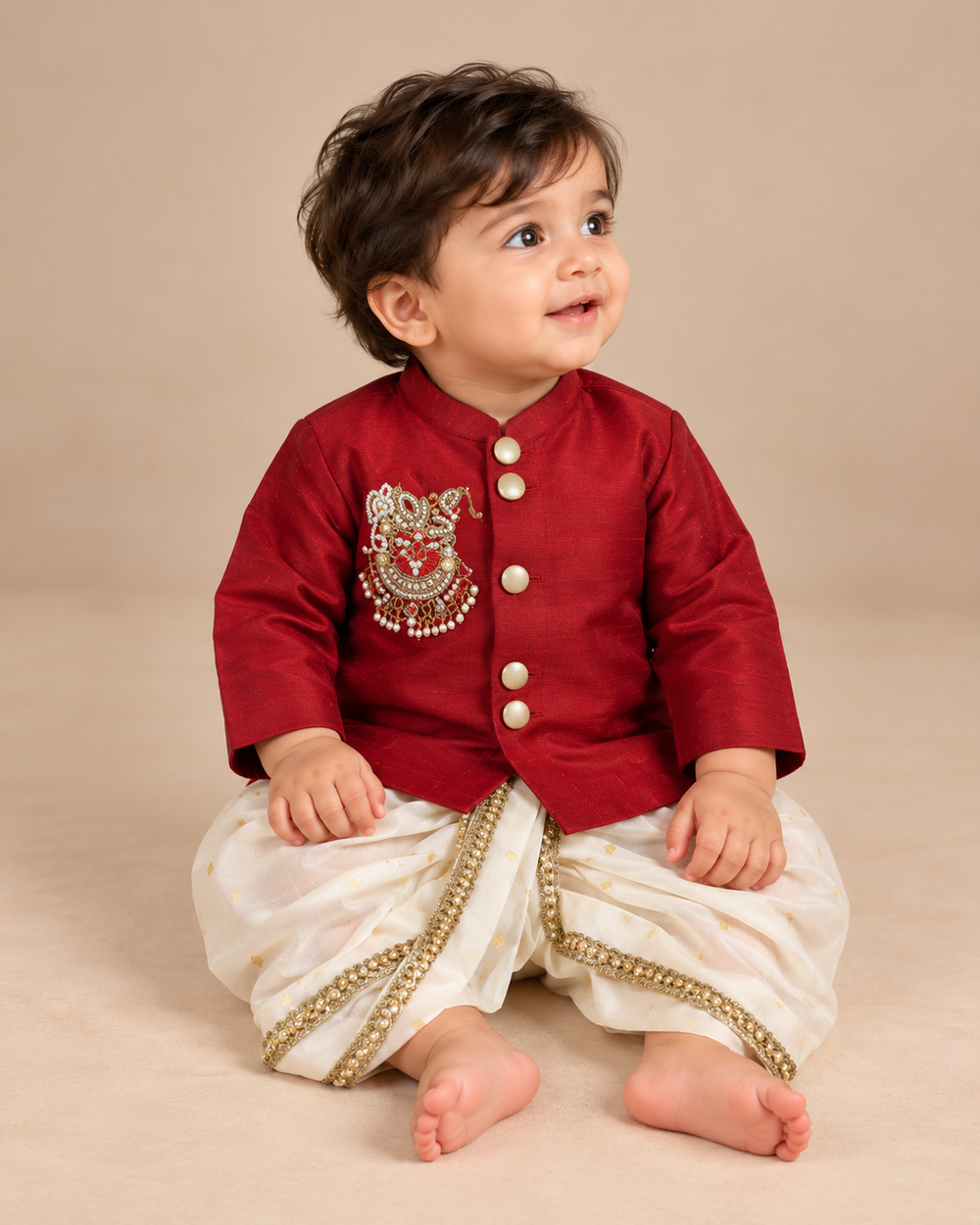 Maroon Raw Silk Zardozi Embroidered Kurta Dhoti Set for Boys