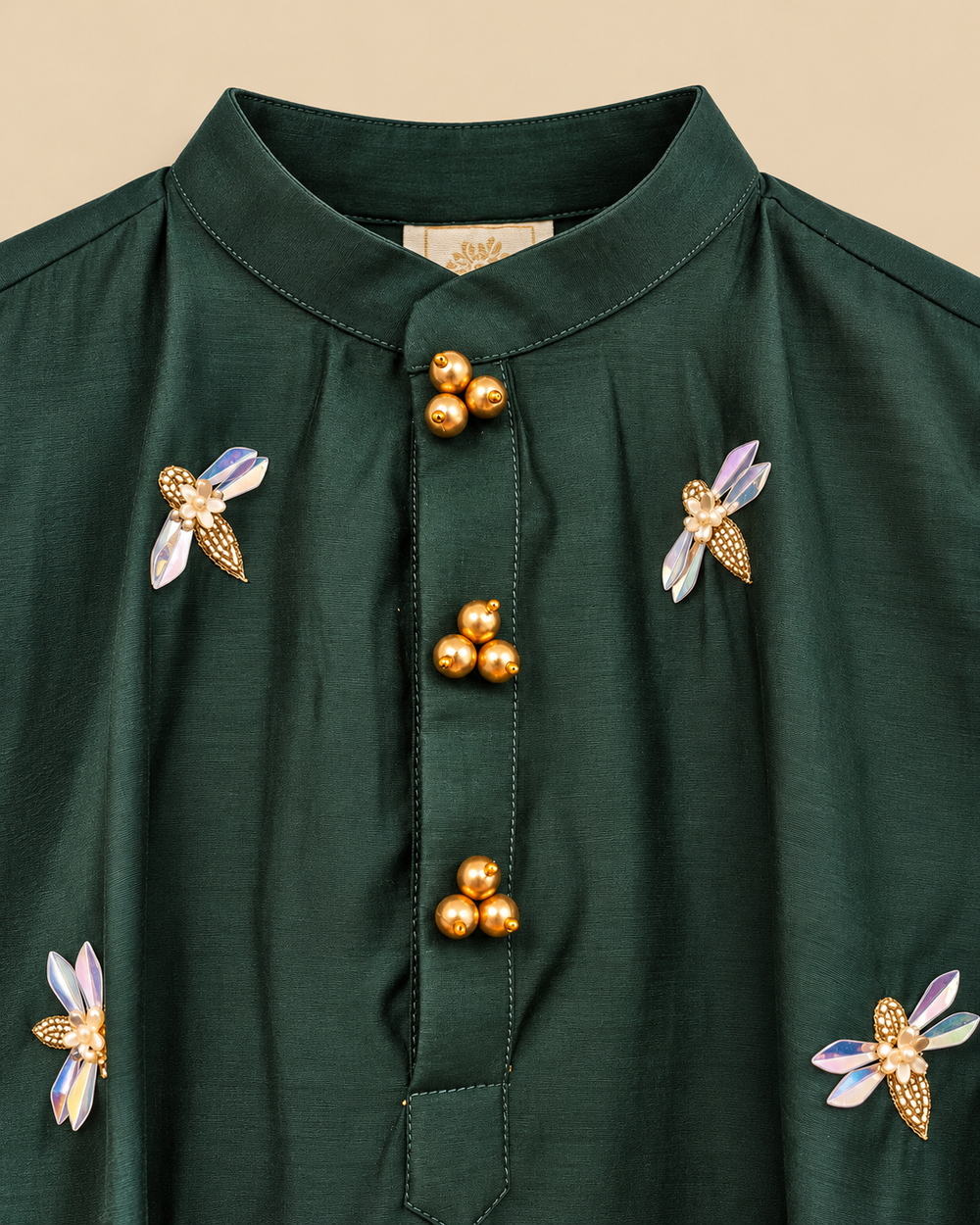 Boys Emerald Green Viscose Chanderi Kurta Set with Dragonfly Sequin Embroidery