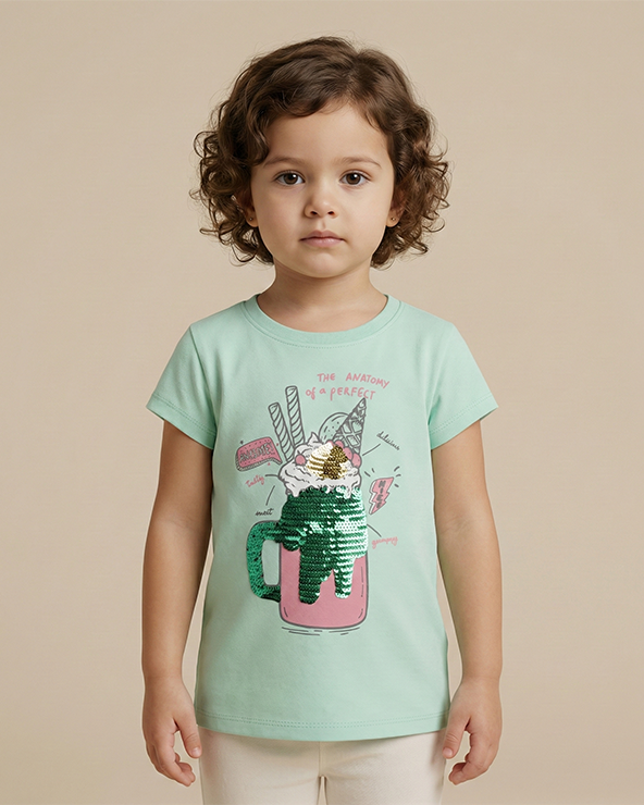 Girl wearing fresh teal cotton t shirt with graphic print