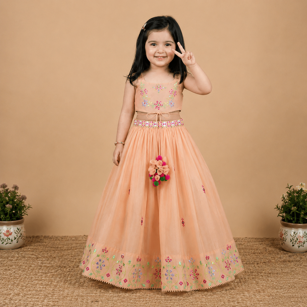 Girls peach Chanderi lehenga set with multicolor mirror embroidery and floral tassel detailing.