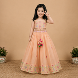 Girls peach Chanderi lehenga set with multicolor mirror embroidery and floral tassel detailing.