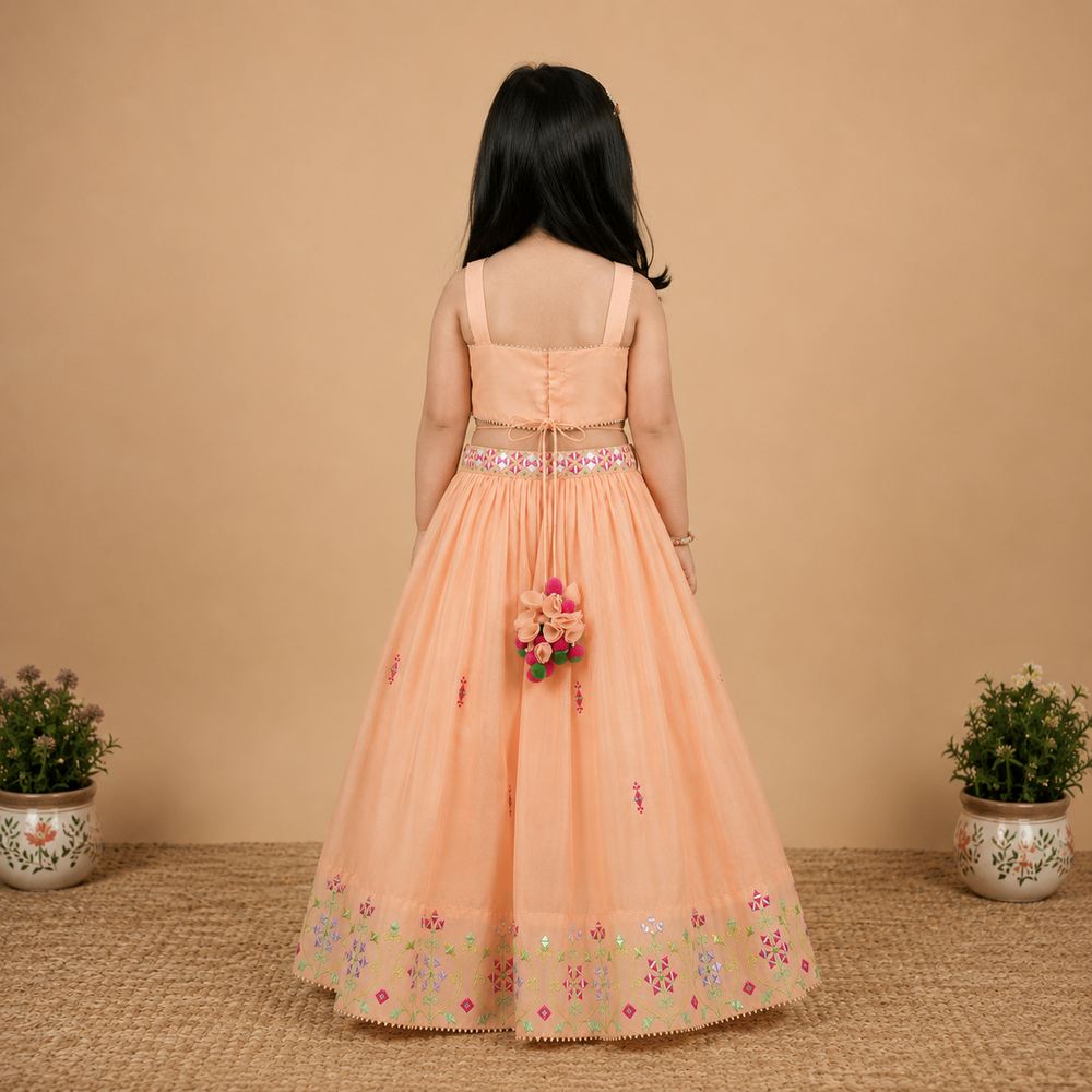Girls peach Chanderi lehenga set with multicolor mirror embroidery and floral tassel detailing.