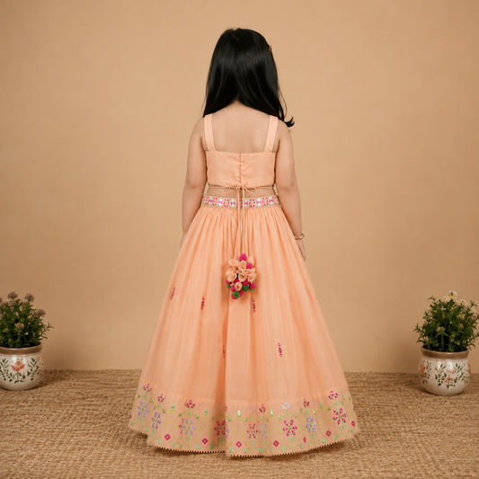 Girls peach Chanderi lehenga set with multicolor mirror embroidery and floral tassel detailing.