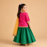 Girls pink taffeta silk embroidered lehenga set with green skirt and yellow dupatta