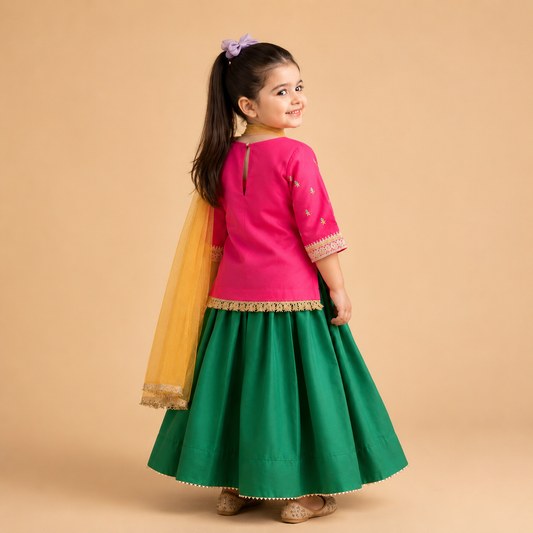 Girls pink taffeta silk embroidered lehenga set with green skirt and yellow dupatta