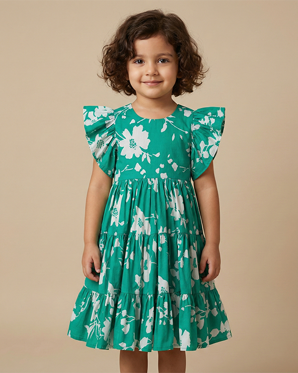 Girl wearing green floral pure cotton poplin dress