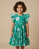 Load image into Gallery viewer, Girl wearing green floral pure cotton poplin dress
