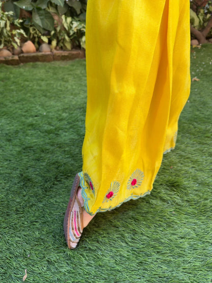 Bright yellow col embroidered cord set with satin finish tissue fabric.