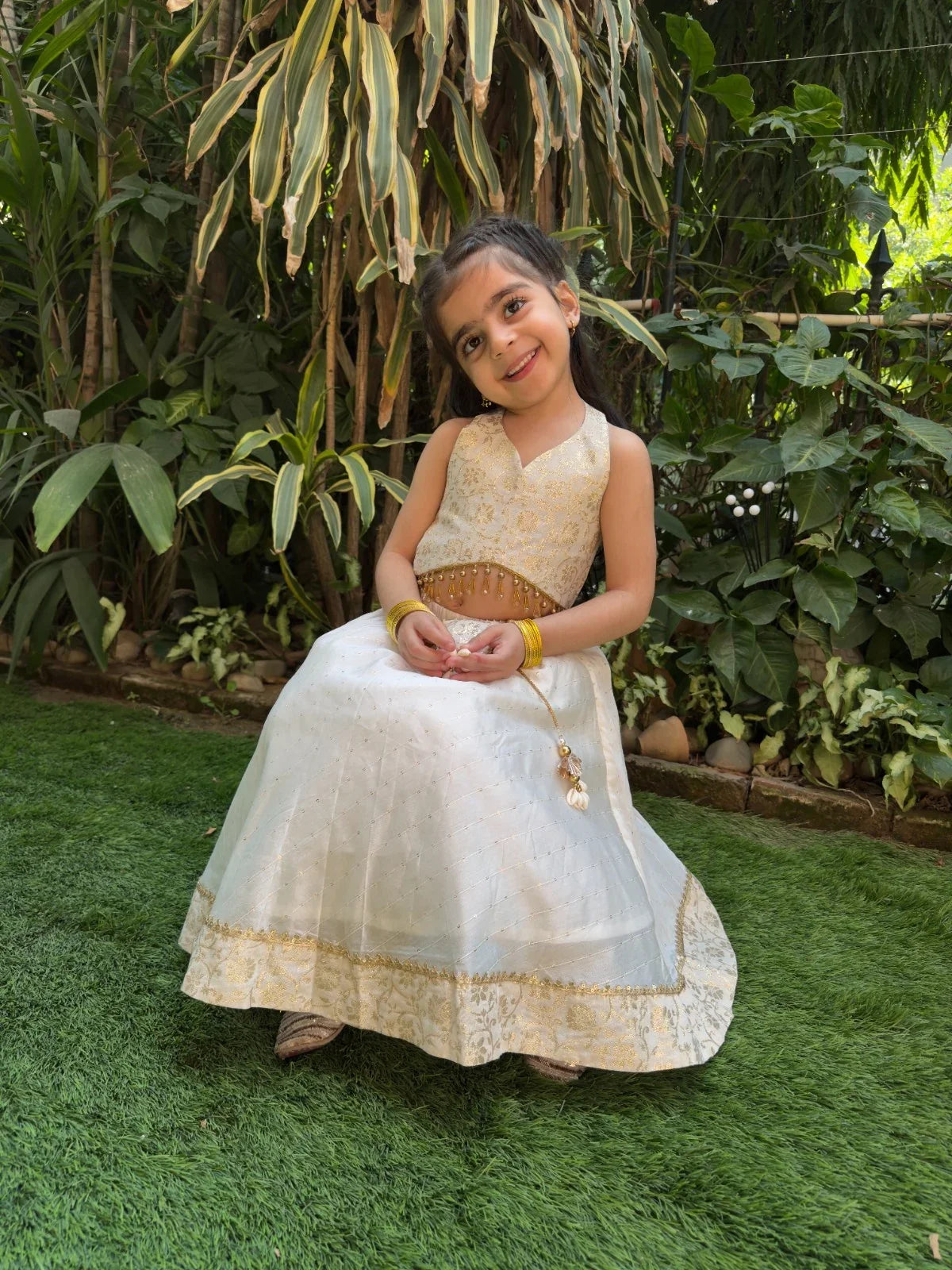 Off white halter brocade embellished top and skirt set