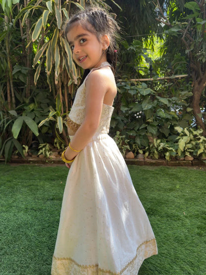 Off white halter brocade embellished top and skirt set