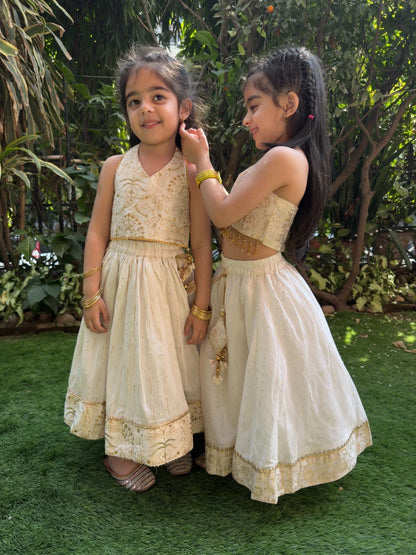 Off white halter brocade embellished top and skirt set