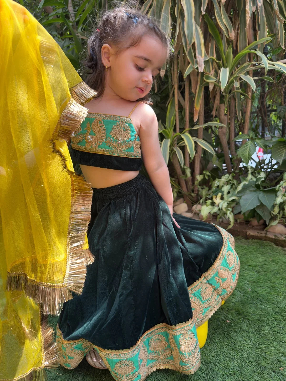Green Velvet embroidered strap top, skirt set