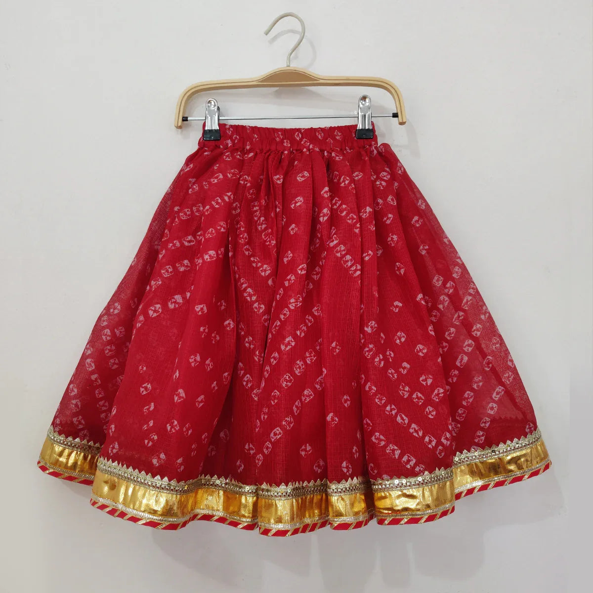 Yellow Silk Top & Red Bandhani Skirt with Dupatta
