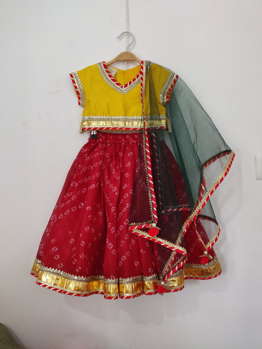 Yellow Silk Top & Red Bandhani Skirt with Dupatta