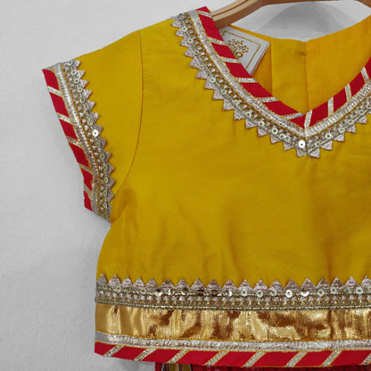 Yellow Silk Top & Red Bandhani Skirt with Dupatta