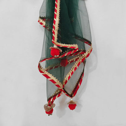 Yellow Silk Top & Red Bandhani Skirt with Dupatta
