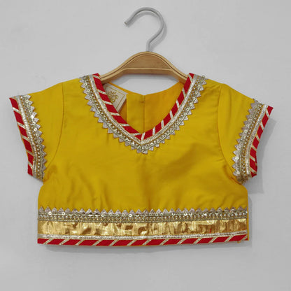 Yellow Silk Top & Red Bandhani Skirt with Dupatta