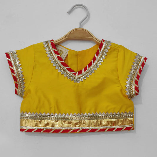 Yellow Silk Top & Red Bandhani Skirt with Dupatta