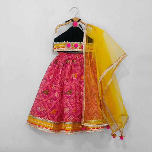 Black Velvet Top with Patola Print Lehenga