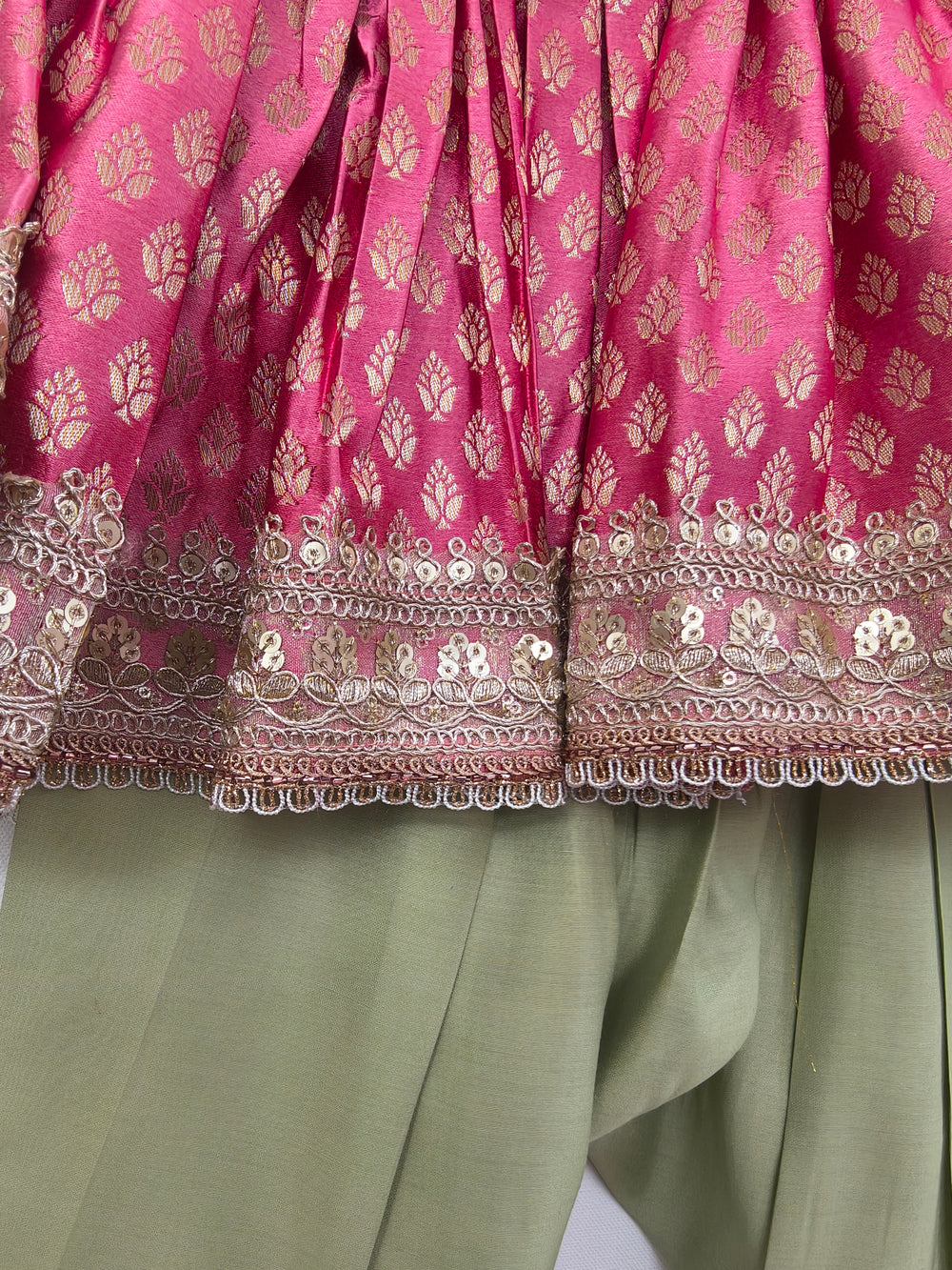 Girls Pink Banarasi Top with Sage Green Chanderi Silk Salwar Set
