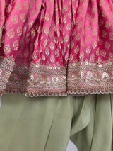 Girls Pink Banarasi Top with Sage Green Chanderi Silk Salwar Set