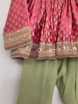 Girls Pink Banarasi Top with Sage Green Chanderi Silk Salwar Set