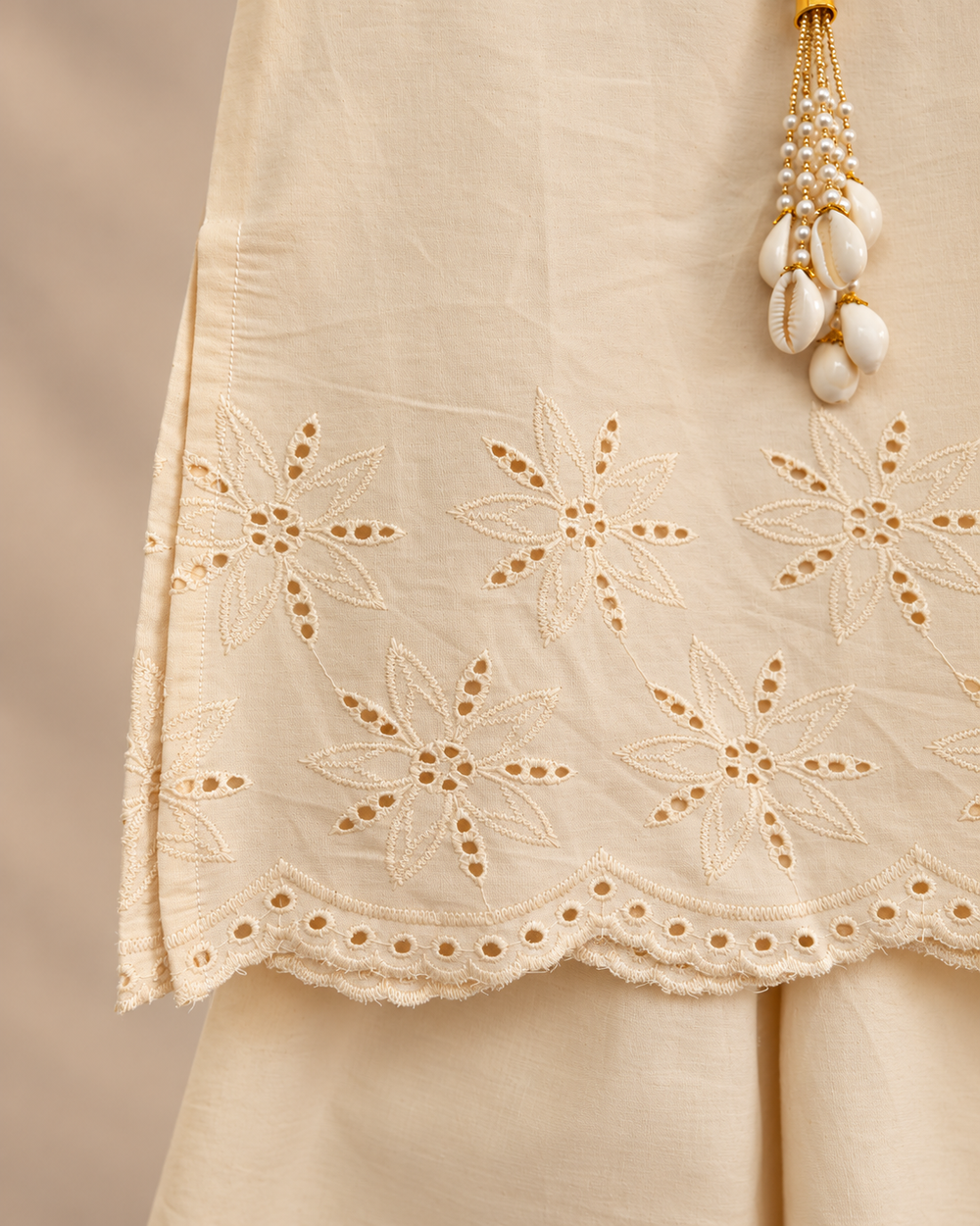 Girls Cream Pure Cotton Palazzo Set with Cutwork Embroidery