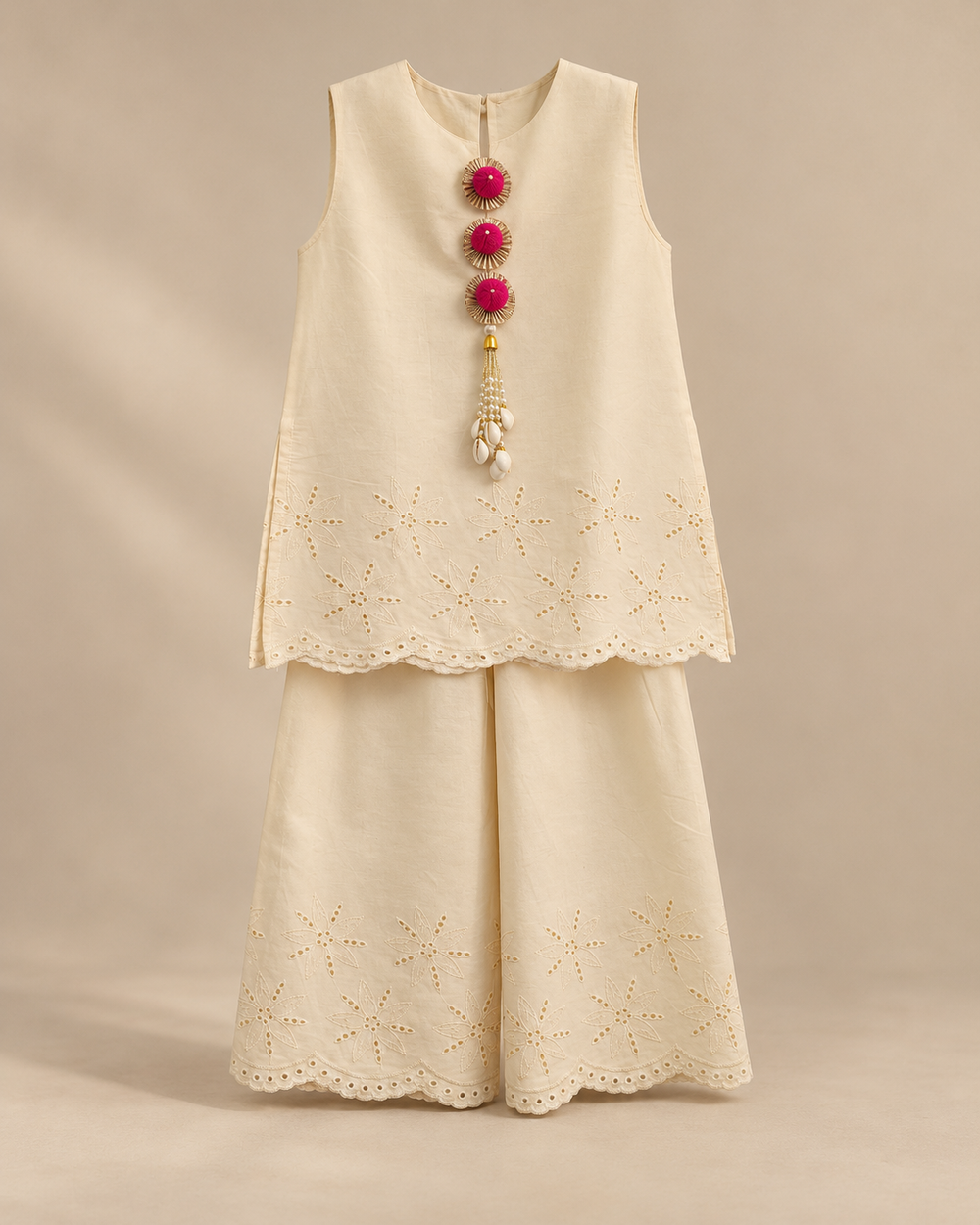 Girls Cream Pure Cotton Palazzo Set with Cutwork Embroidery