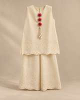 Girls Cream Pure Cotton Palazzo Set with Cutwork Embroidery