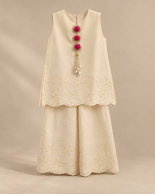 Girls Cream Pure Cotton Palazzo Set with Cutwork Embroidery