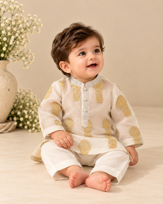 Boys cream pure cotton jacquard kurta set with golden embroidered motifs, pearl buttons and matching trousers.