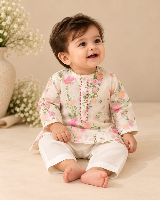 Baby boy wearing an ivory pure cotton floral kurta with pink placket embellishment and matching ivory bottoms.