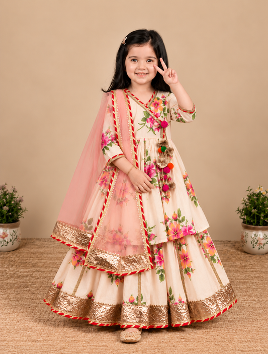 Girls Floral Printed Pure Cotton Anarkali Lehenga Set with Dupatta