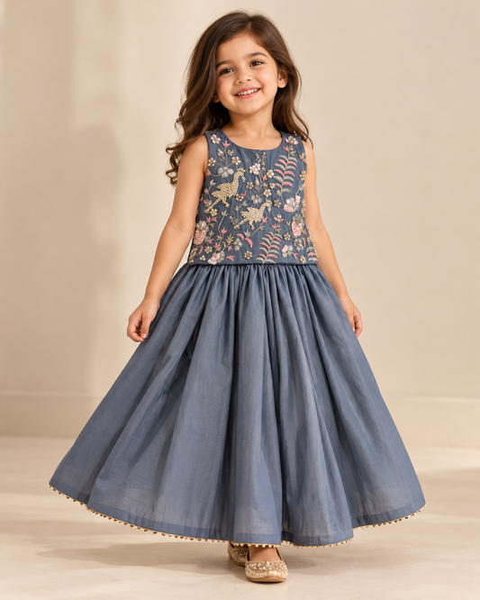 Girls Blue-Grey Viscose Chanderi Lehenga Set with Pearl Embroidery