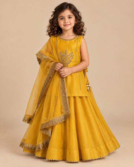 Yellow Chanderi Zardozi Embroidered Skirt Set