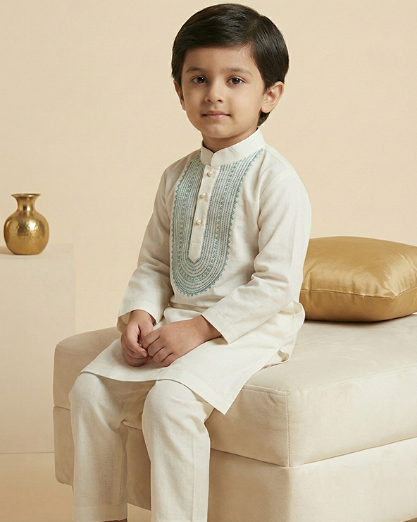 Boys Ivory Chanderi Embroidered Kurta Pajama Set for Festive & Wedding Wear