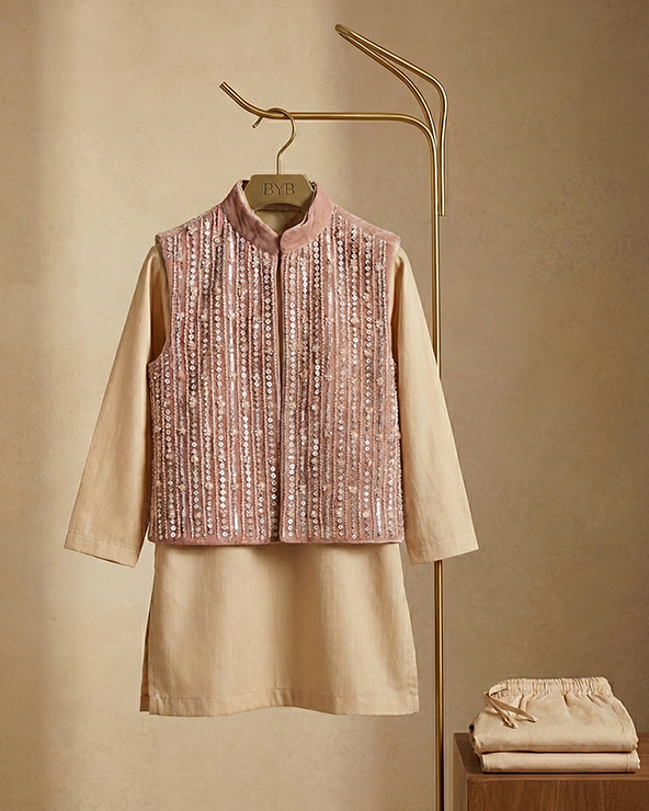 Cream kurta with dusty pink velvet bandi for boys ethnic wear