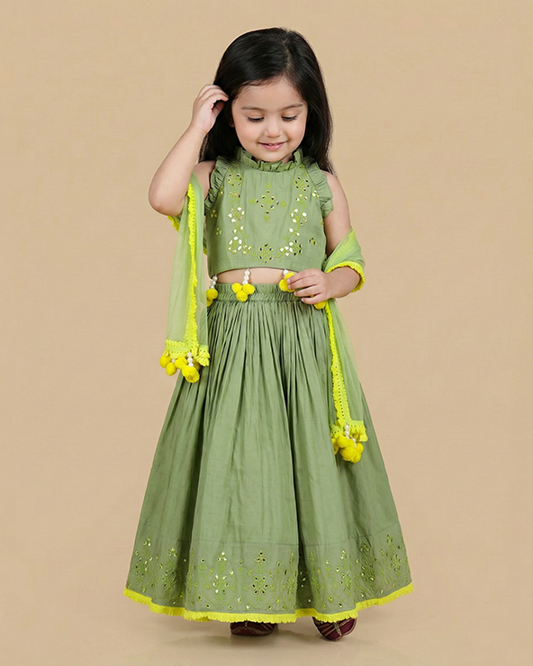 Sage green chanderi lehenga set for girls with mirror work & dupatta