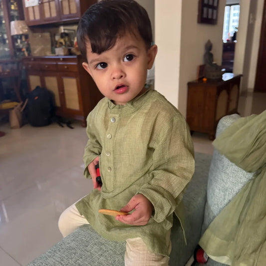 Grass green Baby checks short kurta