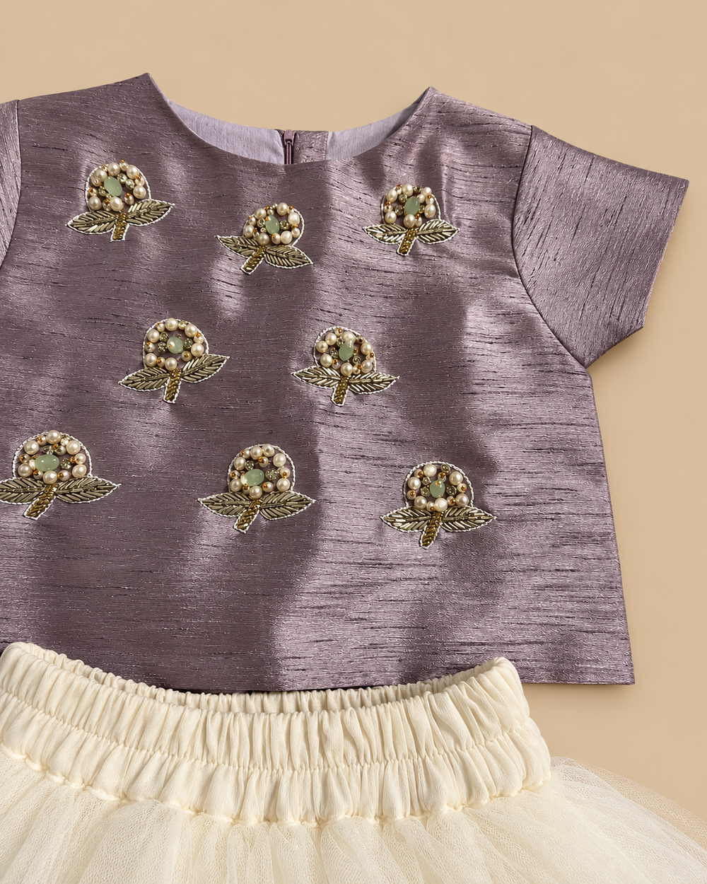 Girls Lavender Pearl Hand-Embroidered Top with Ivory Tulle Skirt Set