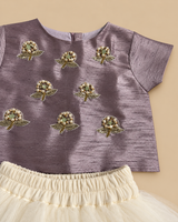 Girls Lavender Pearl Hand-Embroidered Top with Ivory Tulle Skirt Set