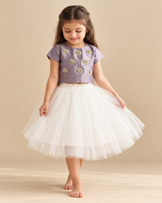Girls lavender pearl hand-embroidered top with ivory layered tulle skirt set