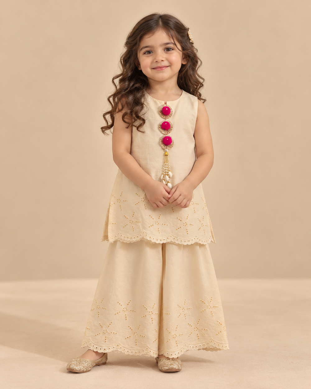 Girls' cream pure cotton palazzo set with floral cutwork embroidery, scalloped edges, hot pink decorative embellishments and matching wide-leg pants.