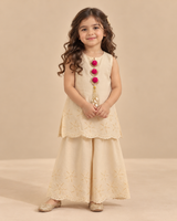 Girls' cream pure cotton palazzo set with floral cutwork embroidery, scalloped edges, hot pink decorative embellishments and matching wide-leg pants.