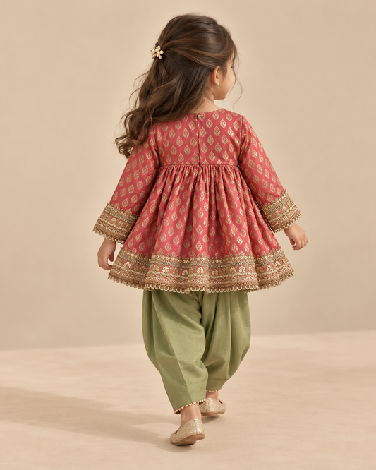 Girls Pink Banarasi Top with Sage Green Chanderi Silk Salwar Set
