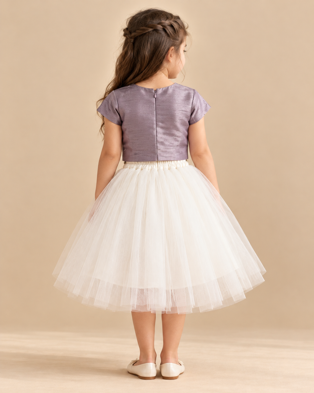 Girls lavender pearl hand-embroidered top with ivory layered tulle skirt set