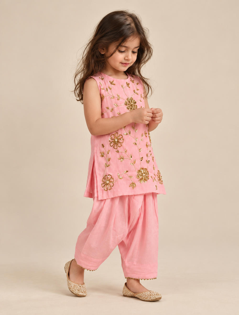 Girls Pink Chanderi Salwar Set with Sequin Hand Embroidery