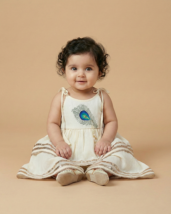 Off White Pure Cotton Mayurpankh Embroidered Top & Plazo Set for Girls